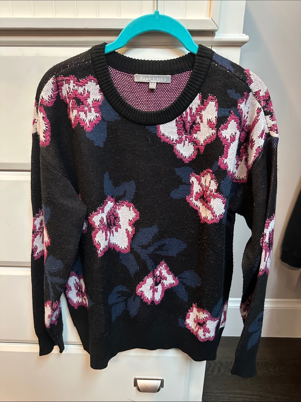 Daniel Rainn Black Floral Scoopneck Sweater with Pink & Navy Accents